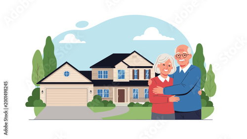 Happy senior couple standing together in front of their beautiful two story suburban home on a bright sunny day.