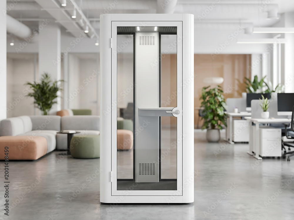 Fototapeta premium A sleek glass door pod sits in a modern office interior with furniture and plants
