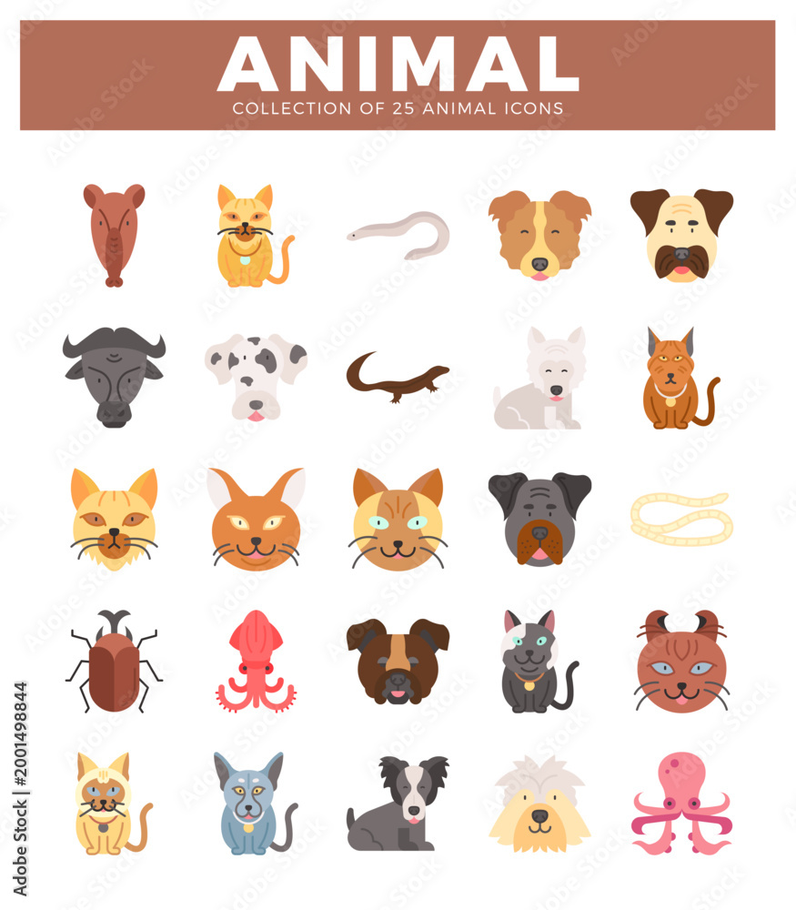 Fototapeta premium Flat design animal icons collection with dogs. cats. and sea creatures on a white background.