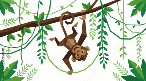 Geometric Monkey Hanging on Vine in Jungle, Minimalist Style