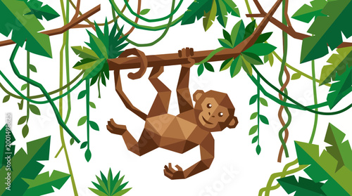 Geometric Monkey Swinging on a Vine in a Lush Jungle with Tropical Leaves
