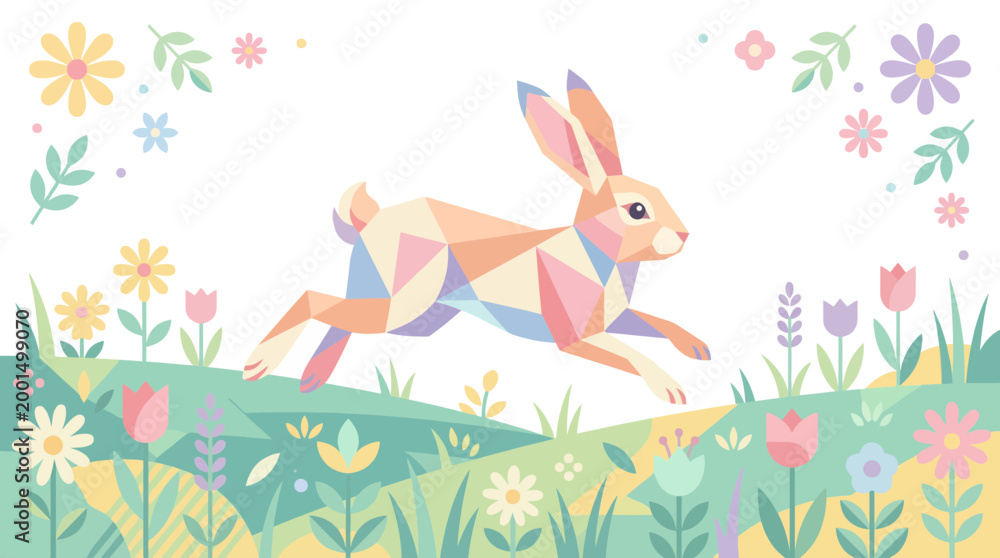 Obraz premium Geometric Easter Bunny Running Through Spring Flowers Meadow, Colorful Polygonal Rabbit Illustration