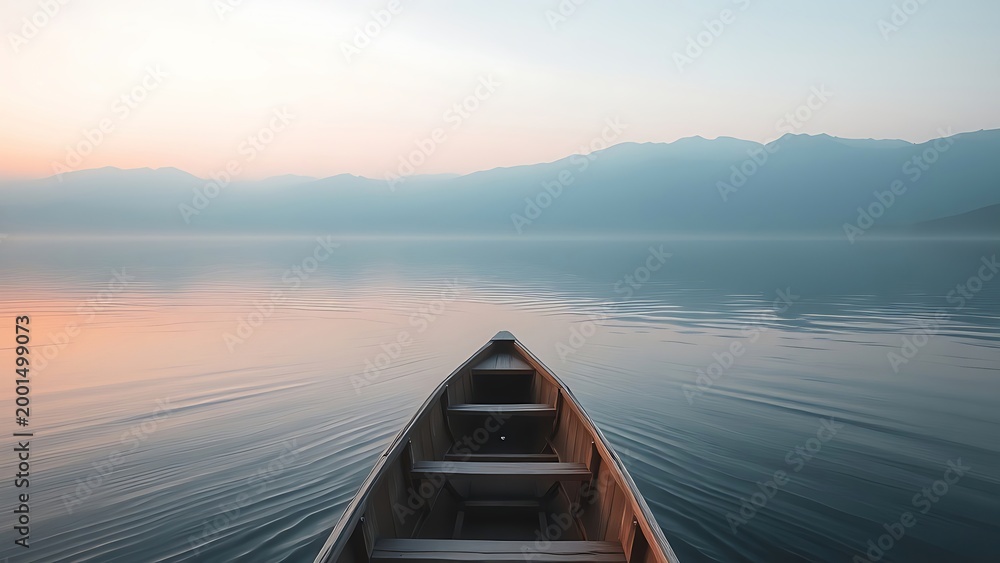 Obraz premium unwavering. Small wooden rowboat on a calm lake at dawn, creating a straight wake toward mountains. travel magazines, destination branding, designed for travel destination branding.