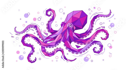 Geometric Purple Octopus Illustration with Bubbles, Low Poly Style
