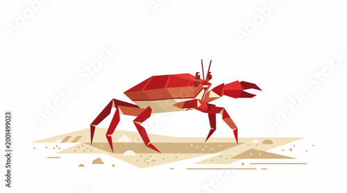 Geometric Red Crab on Sandy Beach, Low Poly Style, Minimalist Ocean Wildlife