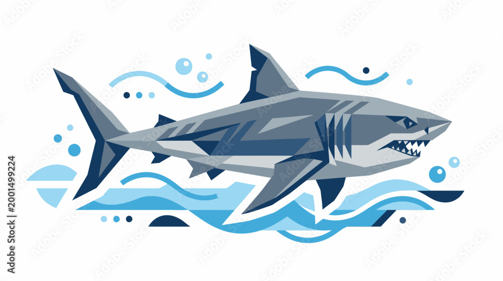 Obraz premium Geometric Great White Shark Illustration Swimming Through Abstract Blue Waves and Bubbles