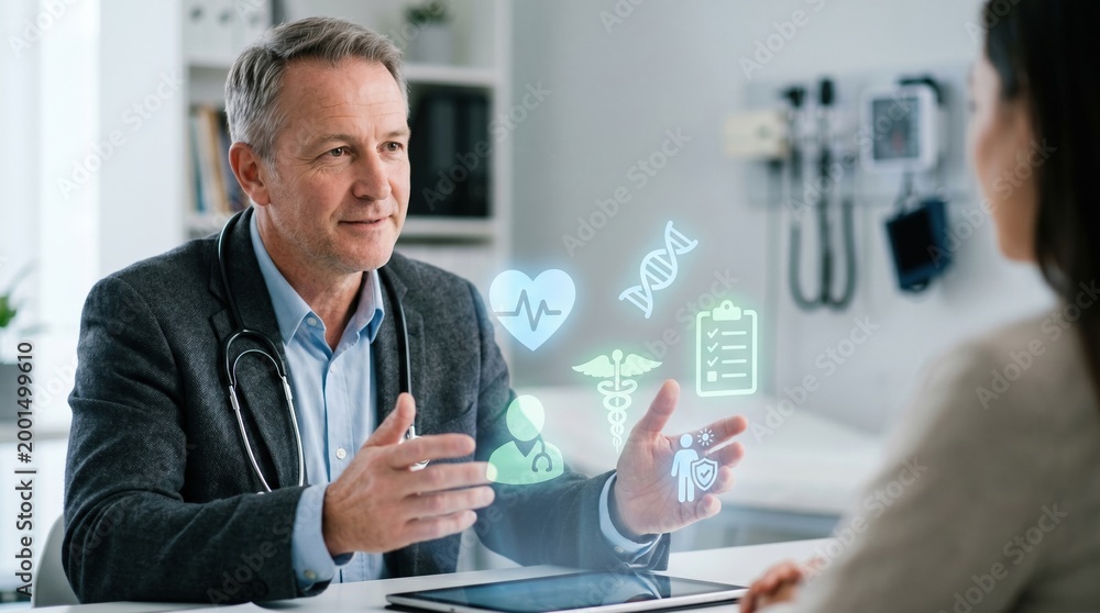 Fototapeta premium Doctor discusses health icons with patient, representing medical consultation and digital healthcare
