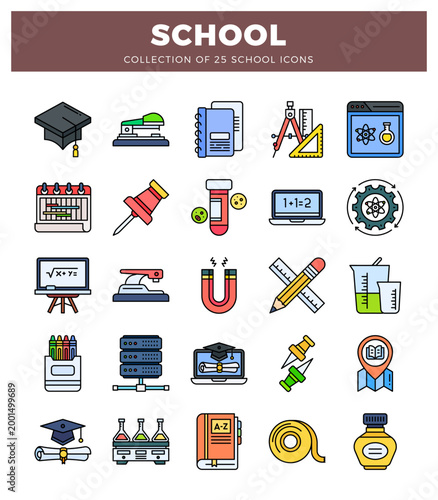 flat school icons in modern design on a white background.