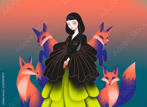 Mystical Woman Guarded by Crimson Foxes
