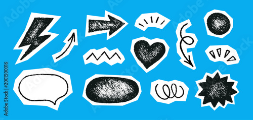 Crayon doodle scrapbook elements. Hand drawn cutout collage stickers. Collage oval, arrow and heart. Paper scrapbook vintage shape with crayon texture. Kid sketch drawing. Vector pencil illustration.