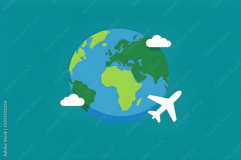 Naklejka premium Minimalist flat illustration of Earth globe with an airplane and clouds on a teal background, symbolizing global travel and aviation.
