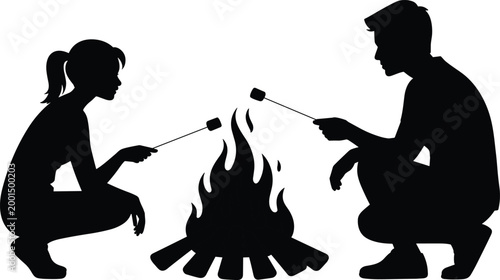 Campfire people silhouette scene, roasting marshmallows outdoor camping black vector isolated family leisure illustration design concept