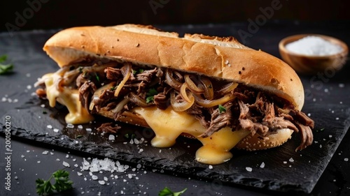 Gourmet philly cheesesteak sandwich with melted cheese and sauted onions served on a rustic slate board for a premium restaurant menu or food blog culinary presentation
