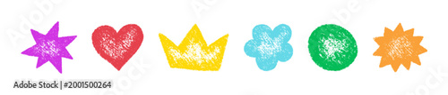 Crayon doodle sticker shapes set. Hand drawn circle, heart, crown icons. Graphic element for fun collages. Kid sketch drawing. Vector pencil illustration isolated on white background.
