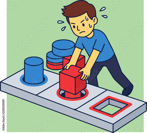 A frustrated person trying to fit a square block into a round hole.