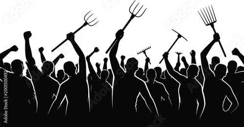 Farmer protest silhouettes crowd holding pitchfork tools rally demonstration agriculture strike movement vector illustration concept design