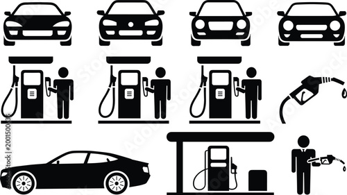 Fuel station car icons petrol pump gasoline vehicle refueling transport vector collection illustration set design