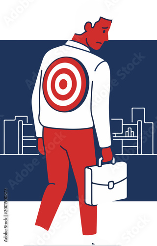 Business man walking with a target on his back representing workplace pressure.