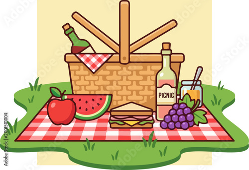 Cartoon picnic basket with food and drinks on a checkered blanket.
