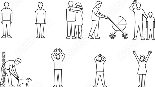 People outline character set family lifestyle poses standing hugging walking parenting greeting gestures editable vector collection