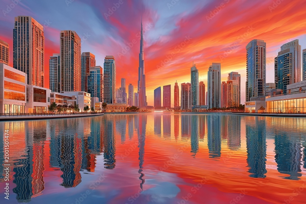 Obraz premium Colorful sunset over the Dubai skyline with Burj Khalifa reflected in waterfront towers