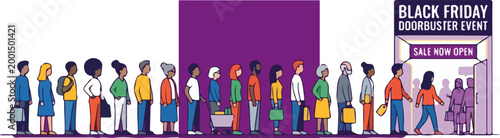 Diverse crowd of people waiting in line for a Black Friday store sale event.
