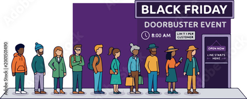 Diverse group of people standing in a line waiting for Black Friday doorbuster store opening.
