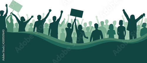 Protest crowd silhouettes background, people holding signs black vector isolated demonstration rally illustration design concept scene