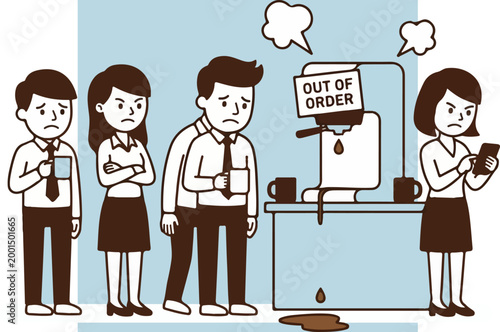 Frustrated office workers standing in line at a broken coffee machine.