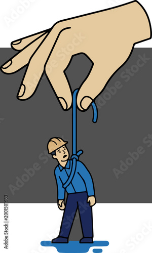 Giant hand manipulating a worker with a rope like a puppet.