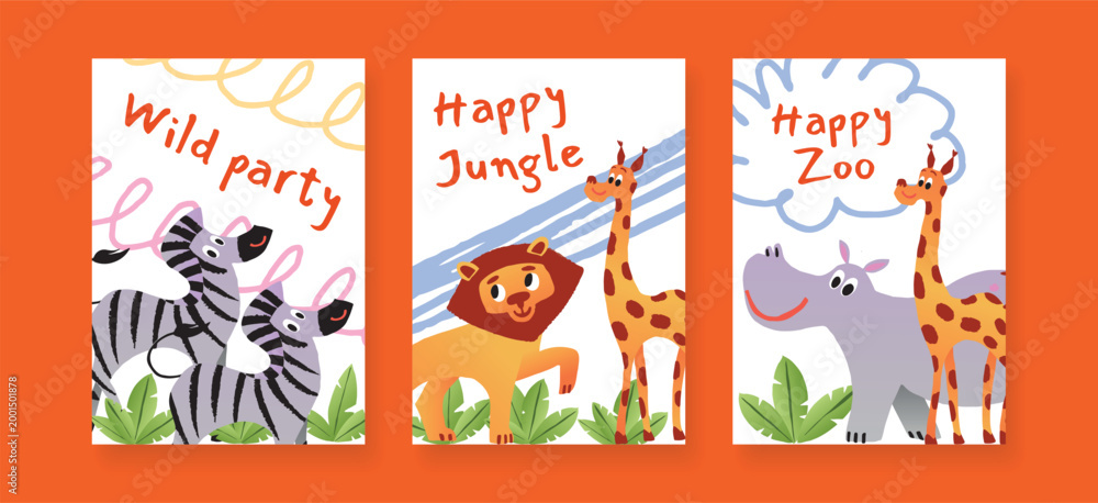 Fototapeta premium Set of Safari party cards with Zebra, Lion, Giraffe and Hippo, Leaf plants and lettering. Cute childish flat vector illustration for children, greeting, poster and invitation