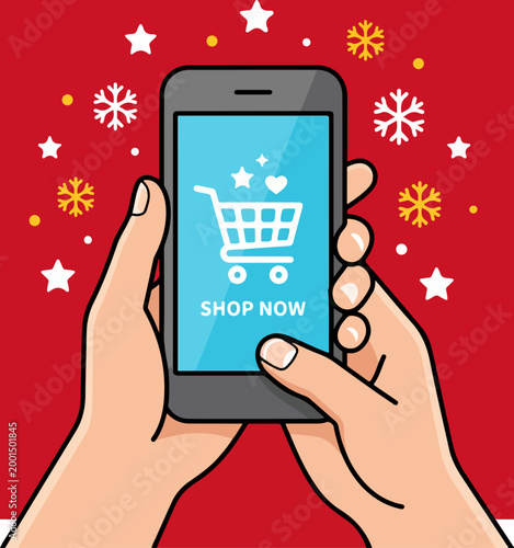 Hands holding a smartphone with a holiday shopping concept on the screen.