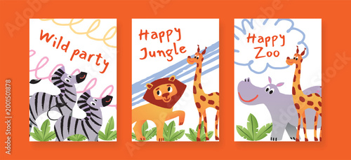 Set of Safari party cards with Zebra, Lion, Giraffe and Hippo, Leaf plants and lettering. Cute childish flat vector illustration for children, greeting, poster and invitation