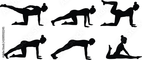 Woman fitness silhouette yoga exercise poses workout training stretching pilates routine healthy lifestyle vector collection set
