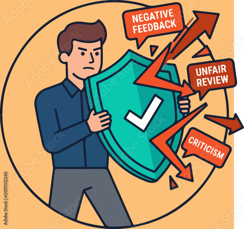 Man protecting himself from negative feedback and unfair criticism with a shield.