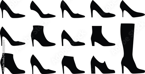 Women shoes silhouette collection high heels boots fashion footwear elegant vector set stylish design illustration pack