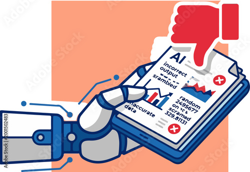 Robotic hand holding a document with AI generated incorrect data and a thumbs down icon.