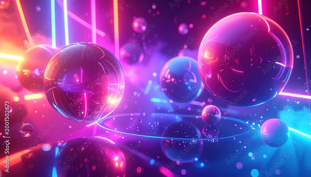 Obraz premium Floating spheres with neon lines in a vibrant, futuristic scene