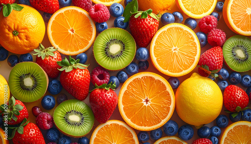 Vibrant Assortment of Fresh Fruits Including Oranges Kiwis Strawberries Blueberries and Raspberries.