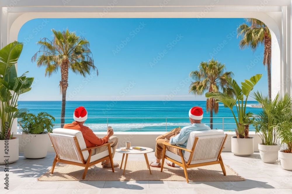 Fototapeta premium Two people wearing Santa hats relax on a sunny beach balcony with ocean and palm views