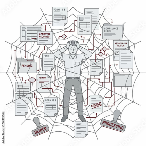 Stressed office worker caught in bureaucratic paperwork spider web.