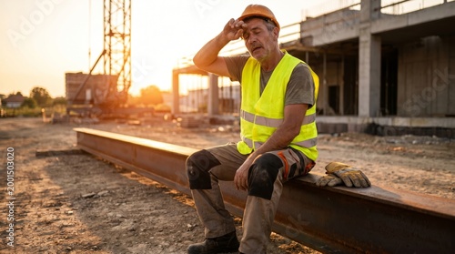 Exhausted construction worker sitting on a steel beam at sunset, wiping sweat and resting during a hot day on site.