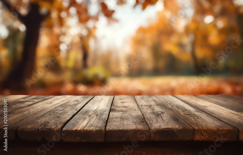 Rustic wooden table in front of a soft-focused autumn forest scene