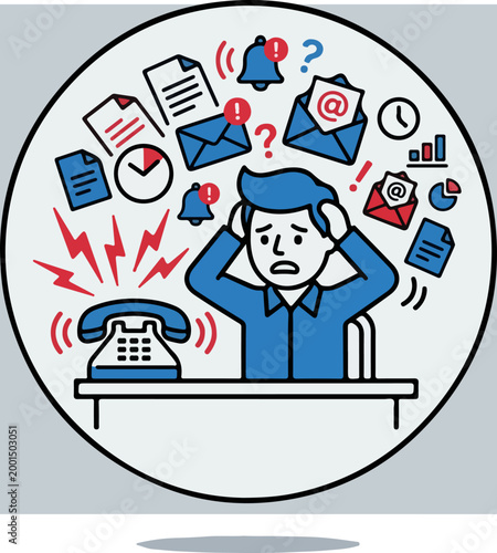 Stressed office worker overwhelmed by excessive communication and information overload.