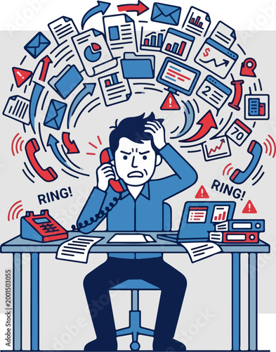 Stressed office worker overwhelmed by excessive workload and phone calls.