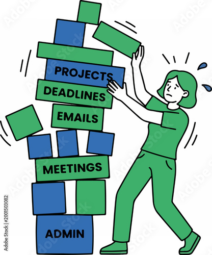 Stressed office worker trying to balance a precarious tower of work tasks.