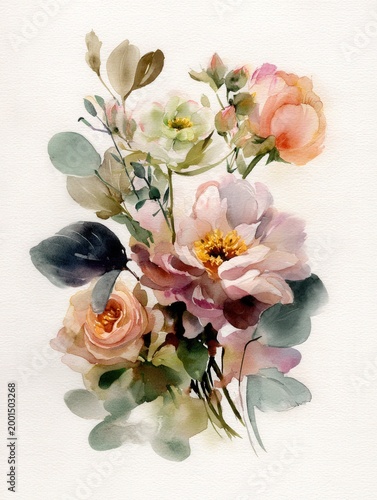 Elegant watercolor floral bouquet illustration on light textured paper background, soft pastel flowers and leaves with delicate artistic style.