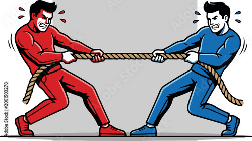 Two men pulling a rope in a intense tug of war competition.