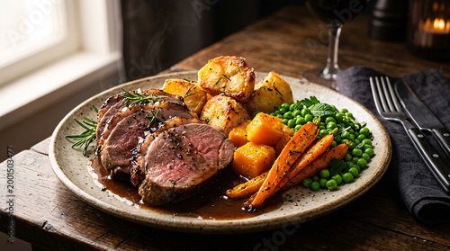 Rustic plated roast dinner with sliced meat, potatoes, carrots, peas, and gravy