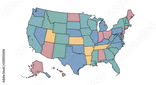 Colorful abstract map of the united states with distinct state boundaries